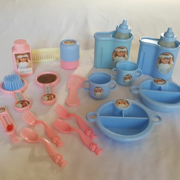 Vintage LISSI DOLLS Little Girl & Boy Doll Feeding & Grooming Set Pink & Blue