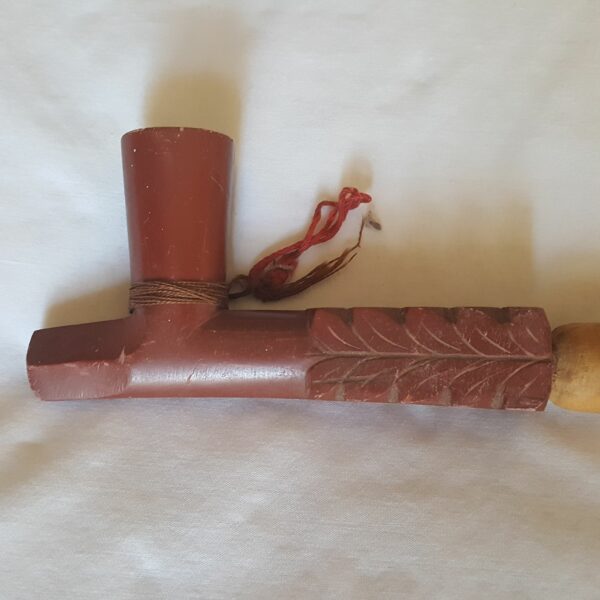 Vintage Handcrafted Wooden Peace Pipe With Carved Leaf Design & Decorative Tassel