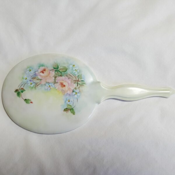 Vintage Hand Painted Porcelain Hand Mirror With Delicate Floral Design & Handle