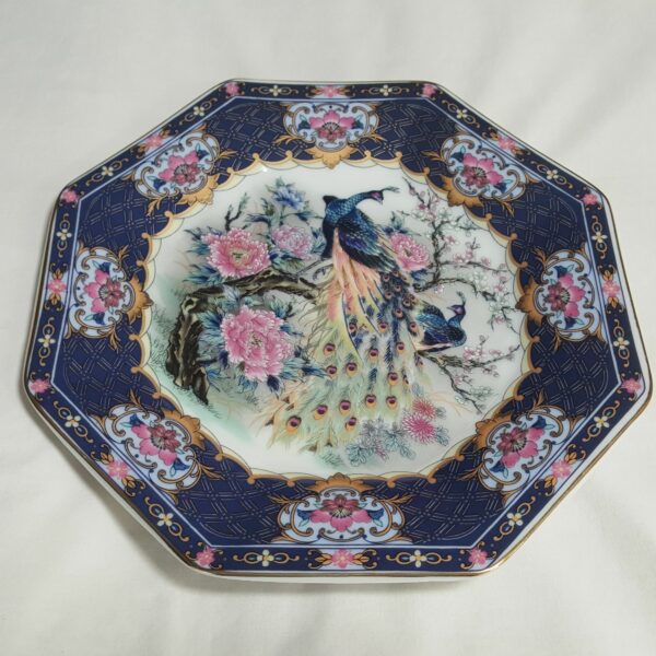 Vintage Japanese Porcelain Octagonal Plate With Peacock & Floral Design