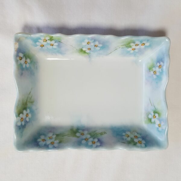 Vintage Hand-Painted Porcelain Rectangular Dish With Floral Design & Scalloped Edge