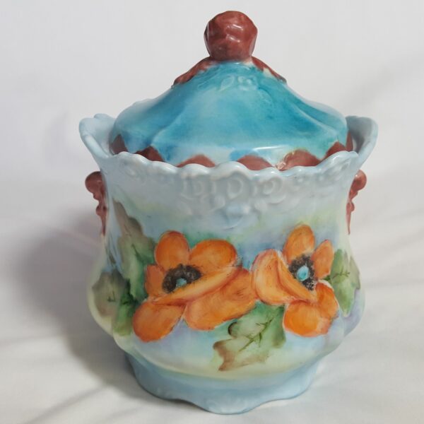 Vintage Hand-Painted Porcelain Biscuit Jar With Lid Floral Design Blue & Orange