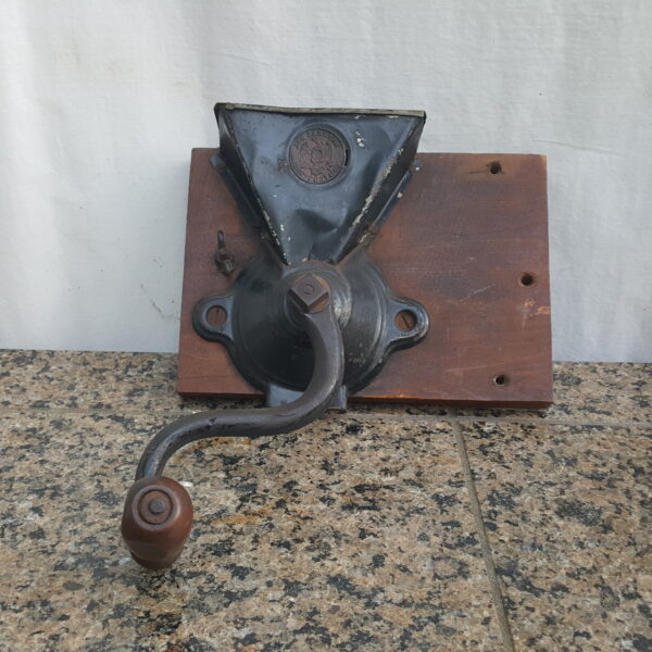 Antique Cast Iron Wall-Mounted Coffee Grinder With Wooden Base J&E Parkers 1880