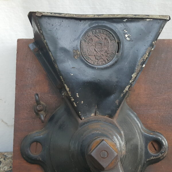 Antique Cast Iron Wall-Mounted Coffee Grinder With Wooden Base J&E Parkers 1880 - Image 5