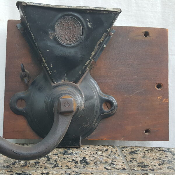 Antique Cast Iron Wall-Mounted Coffee Grinder With Wooden Base J&E Parkers 1880 - Image 2