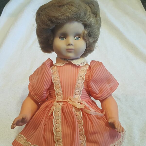 Vintage French Porcelain Doll In Peach Dress & Lace Detailing